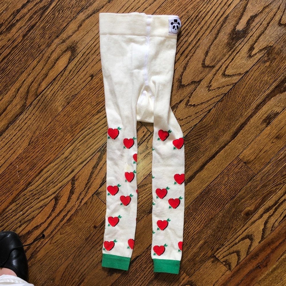Mini Rodini Cream Tights with Red Heart Print and Green Cuffs